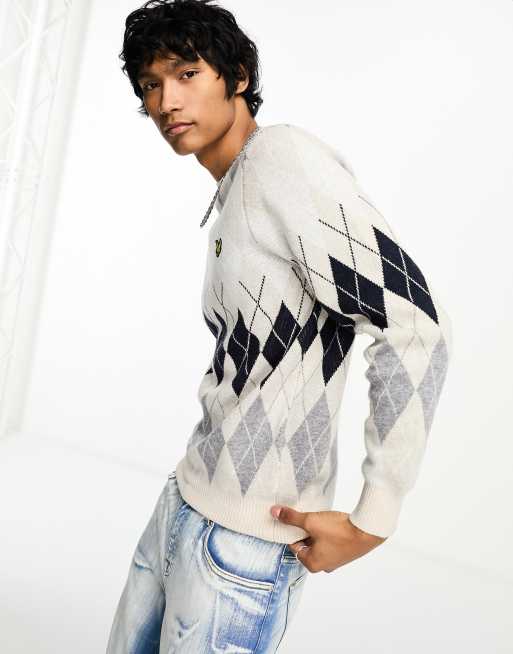 Lyle & Scott - Gebreide trui met icoonlogo en Britse argyle-print in 'cove' beige