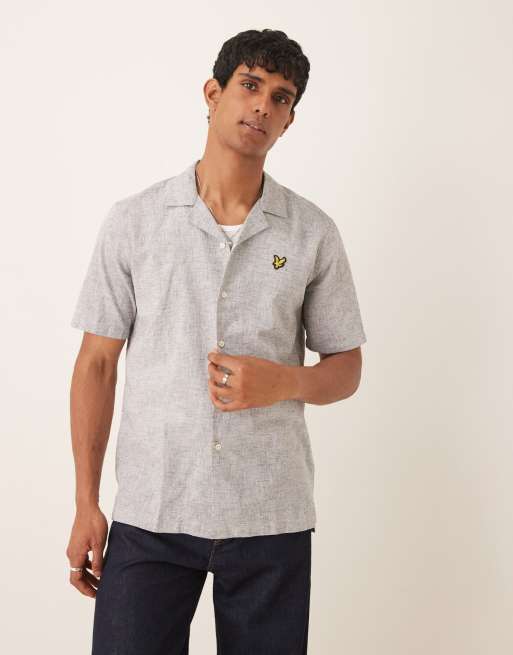 Lyle & Scott – Granatowa luźna koszula z kołnierzykiem kubańskim z materiału z dodatkiem lnu