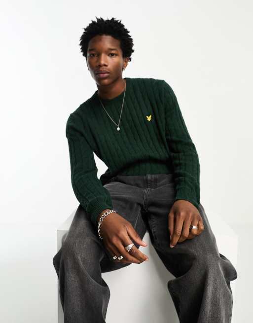 Lyle & Scott icon logo cable knit jumper in dark green marl