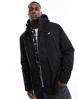 Lyle & Scott icon logo microfleece hooded parka coat in black