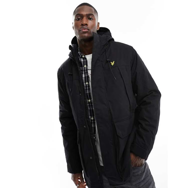 Lyle & Scott icon logo microfleece hooded parka coat in black