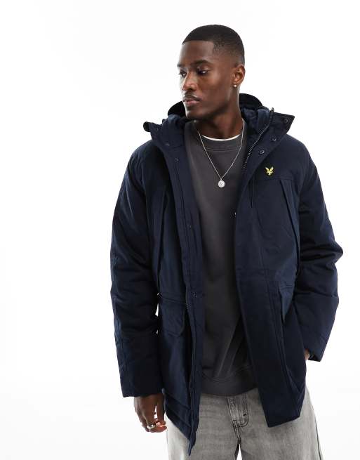 Lyle & Scott icon logo microfleece hooded parka coat in navy