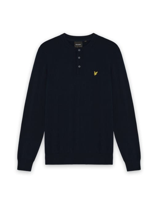 Lyle & Scott jersey de punto medio de algodón y merino con cuello panadero en azul marino oscuro, 5 de 6