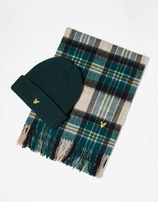 Lyle & Scott lambswool blend checked scarf and beanie gift set in blue