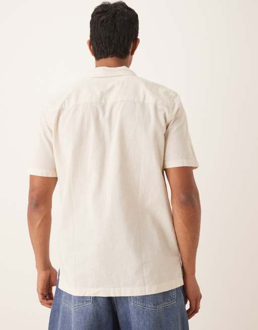 Lyle & Scott linen blend relaxed Oxford revere shirt in beige, 3 of 4