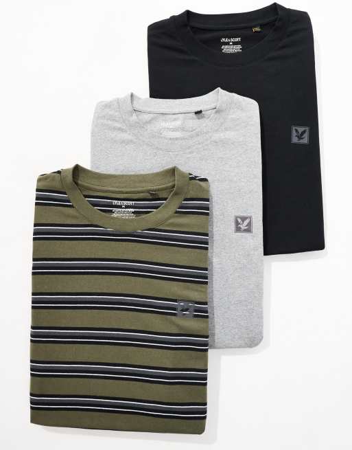 Lyle & Scott Loungewear striped 3 pack relaxed t-shirt in y013 olive stripe/ mid grey ma