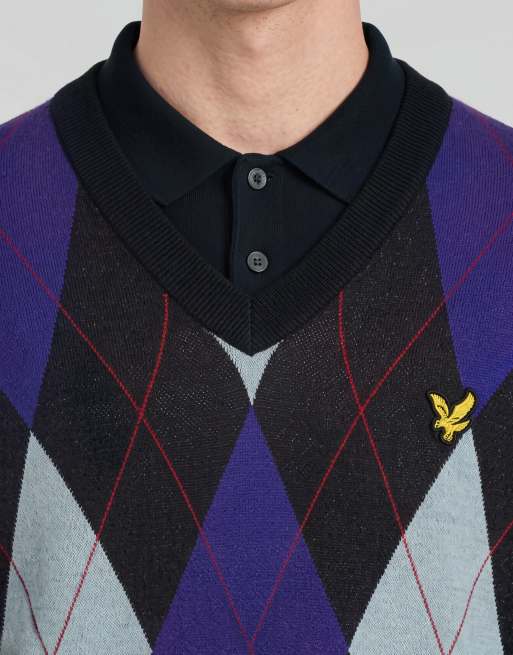Lyle & Scott - Maglione con scollo a V lavorato a rombi blu navy, 5 di 6