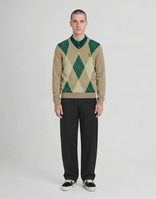 Lyle & Scott maglione lavorato a maglia argyle con scollo a V, cammello tortora, 3 di 6