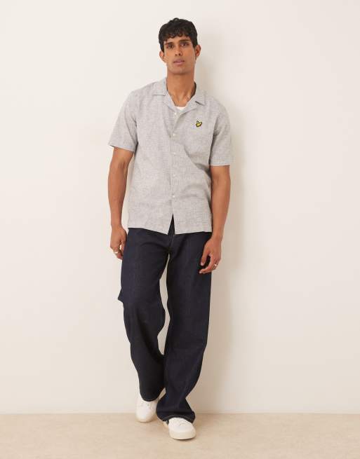 Lyle & Scott - Marineblå afslappet Oxford-skjorte med reverskrave i hørblanding, 3 af 4