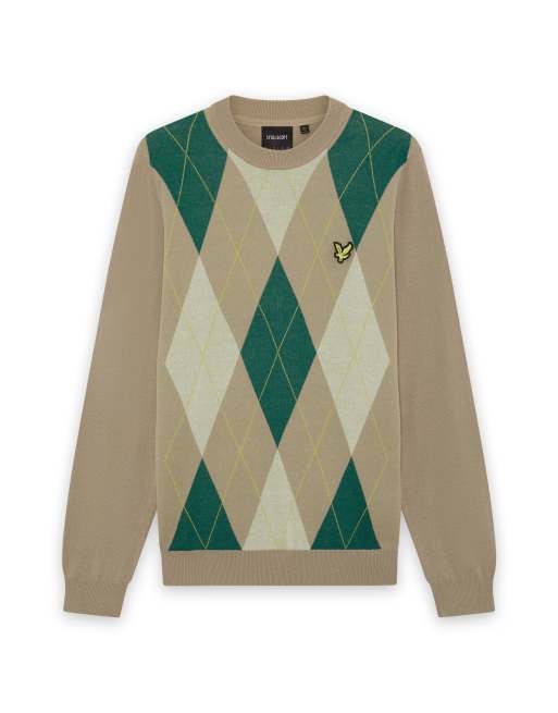 Lyle & Scott Mid knits argyle gebreide trui met ronde hals in camel taupe, 5 van 5