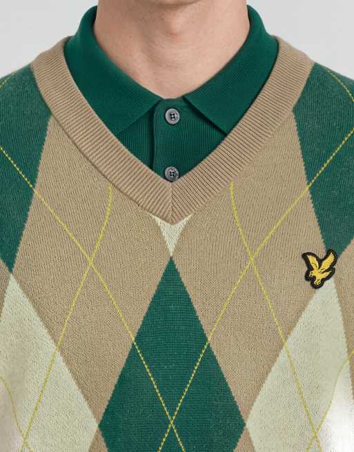 Lyle & Scott Mid knits argyle gebreide trui met V-hals in camel taupe, 5 van 6
