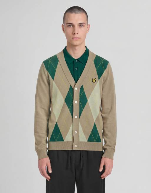 Lyle & Scott Mid knits argyle knitted classic cardigan in y613 camel taupe, 2 of 6