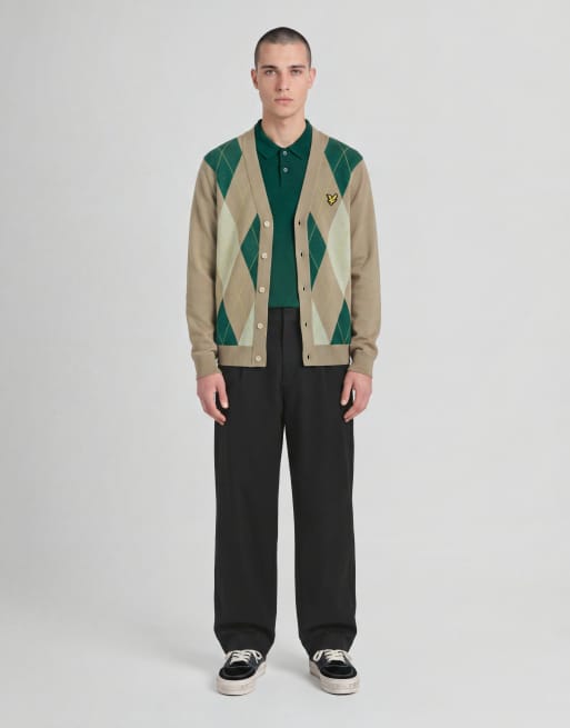 Lyle & Scott Mid knits argyle knitted classic cardigan in y613 camel taupe, 3 of 6