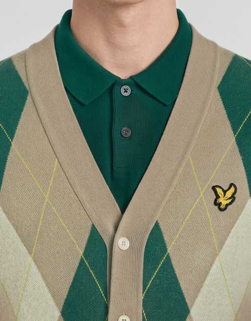 Lyle & Scott Mid knits argyle knitted classic cardigan in y613 camel taupe, 5 of 6