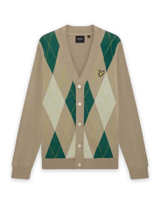 Lyle & Scott Mid knits argyle knitted classic cardigan in y613 camel taupe, 6 of 6