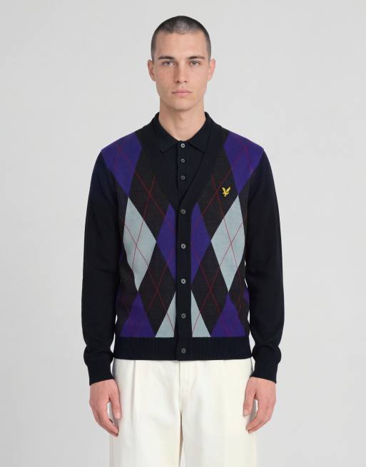 Lyle & Scott Mid knits argyle knitted classic cardigan in z271 dark navy, 2 of 6