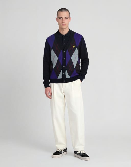 Lyle & Scott Mid knits argyle knitted classic cardigan in z271 dark navy, 3 of 6