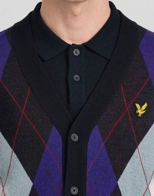 Lyle & Scott Mid knits argyle knitted classic cardigan in z271 dark navy, 5 of 6