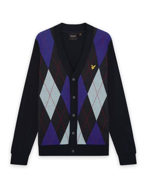 Lyle & Scott Mid knits argyle knitted classic cardigan in z271 dark navy, 6 of 6