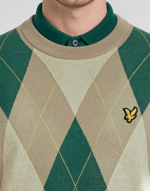 Lyle & Scott Mid knits argyle knitted crew neck jumper in y613 camel taupe, 4 of 5