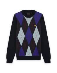 Lyle & Scott Mid knits argyle knitted crew neck jumper in z271 dark navy