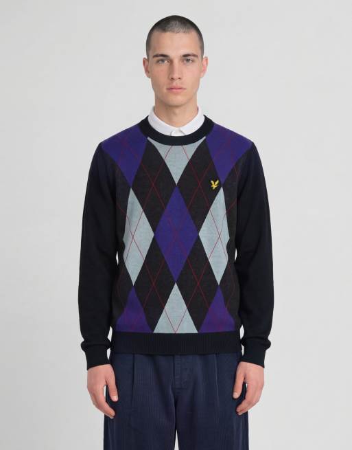 Lyle & Scott Mid knits argyle knitted crew neck jumper in z271 dark navy, 2 of 6