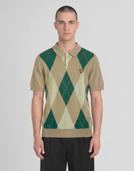 Lyle & Scott Mid knits argyle knitted polo shirt in y613 camel taupe, 2 of 6