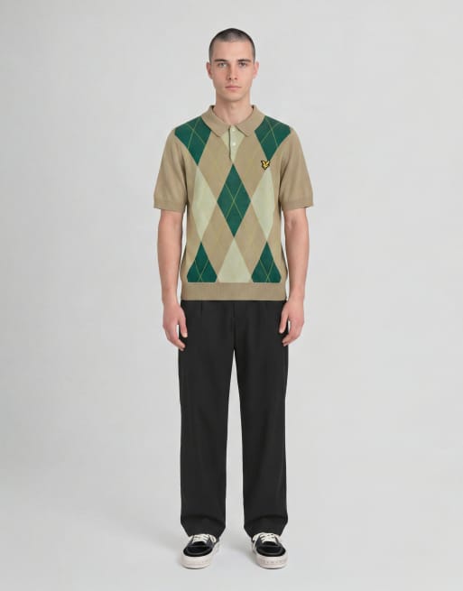 Lyle & Scott Mid knits argyle knitted polo shirt in y613 camel taupe, 3 of 6