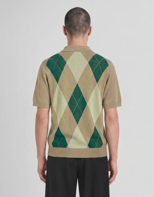 Lyle & Scott Mid knits argyle knitted polo shirt in y613 camel taupe, 4 of 6
