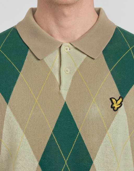 Lyle & Scott Mid knits argyle knitted polo shirt in y613 camel taupe, 5 of 6