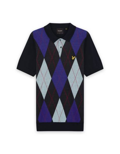 Lyle & Scott Mid knits argyle knitted polo shirt in z271 dark navy