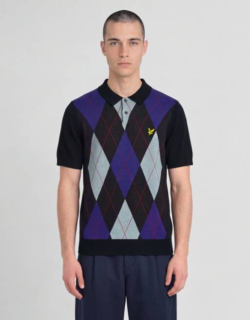 Lyle & Scott Mid knits argyle knitted polo shirt in z271 dark navy, 2 of 6