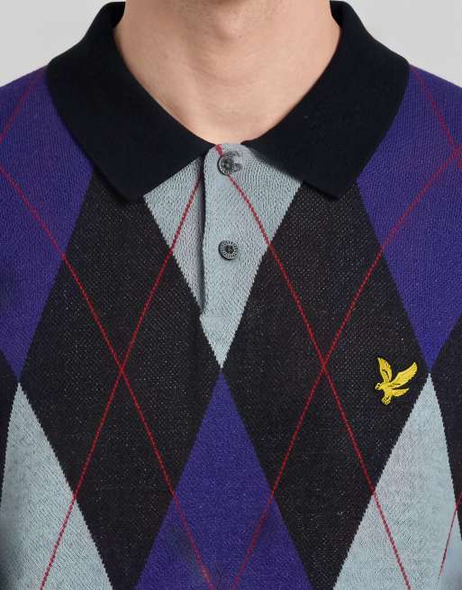 Lyle & Scott Mid knits argyle knitted polo shirt in z271 dark navy, 5 of 6