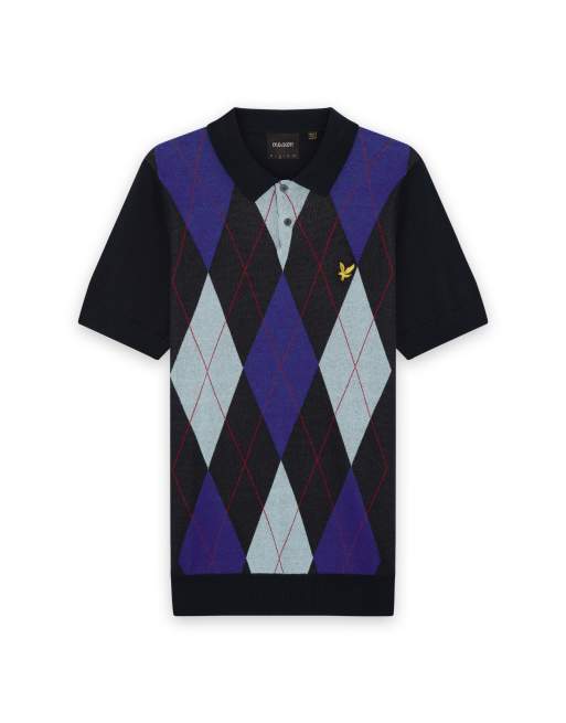 Lyle & Scott Mid knits argyle knitted polo shirt in z271 dark navy, 6 of 6