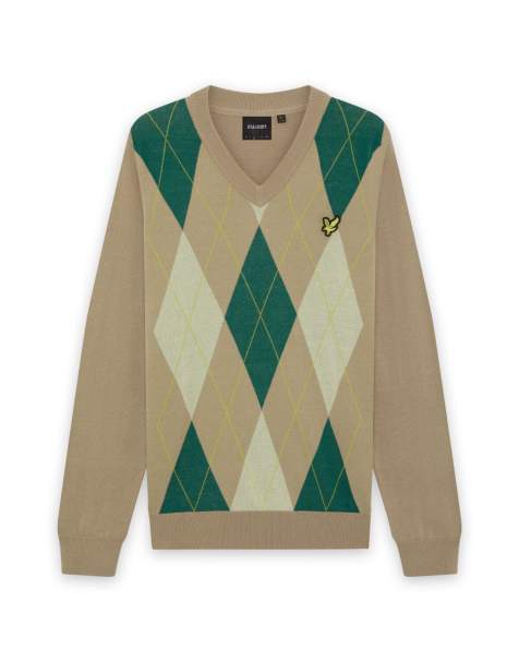 Lyle & Scott Mid knits argyle knitted v-neck jumper in y613 camel taupe - view 1