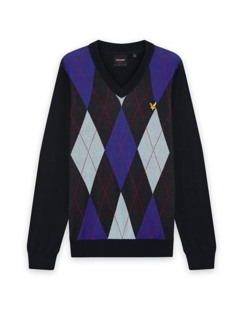 Lyle & Scott Mid knits argyle knitted v-neck jumper in z271 dark navy - view 1