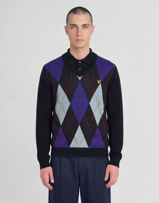 Lyle & Scott Mid knits argyle knitted v-neck jumper in z271 dark navy, 2 of 6
