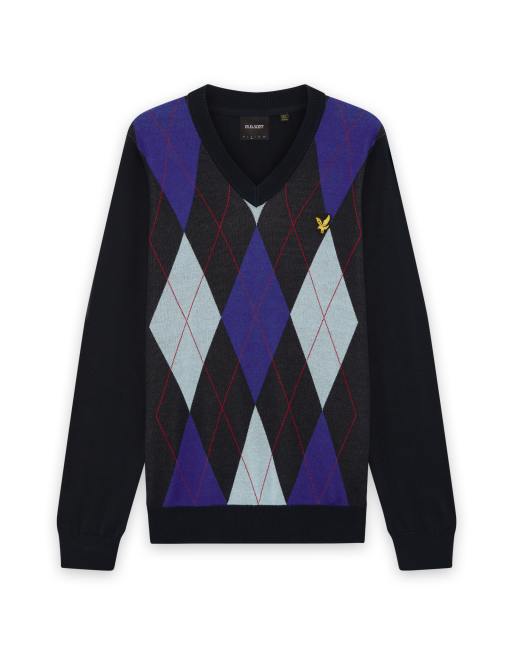 Lyle & Scott Mid knits argyle knitted v-neck jumper in z271 dark navy, 6 of 6