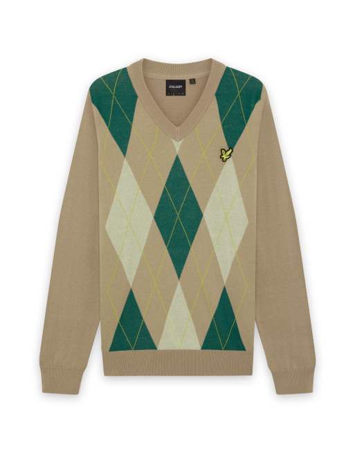 Lyle & Scott Mid knits Argyle-Strickpullover mit V-Ausschnitt in y613 camel taupe, 6 von 6