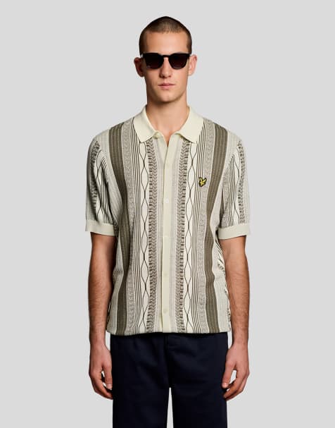 Lyle & Scott Mid knits brocade jacquard short sleeve knitted shirt in y148 ice cream/ khaki ash