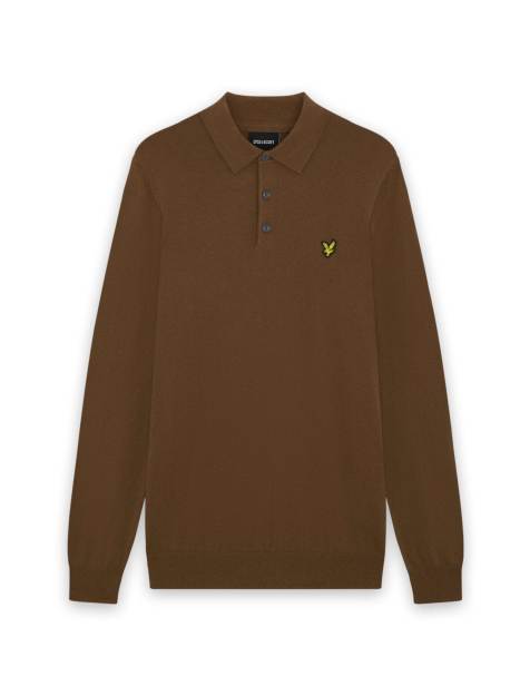 Lyle & Scott Mid knits cotton merino long sleeve knitted polo in y305 sepia brown - view 1