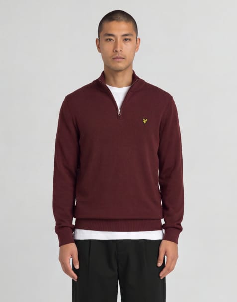 Lyle & Scott Mid knits cotton merino quarter zip jumper in z562 burgundy - view 1