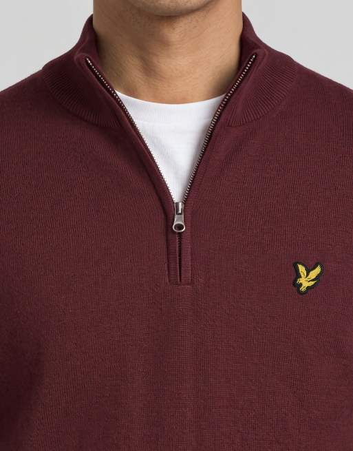 Lyle & Scott Mid knits cotton merino quarter zip jumper in z562 burgundy, 4 of 5
