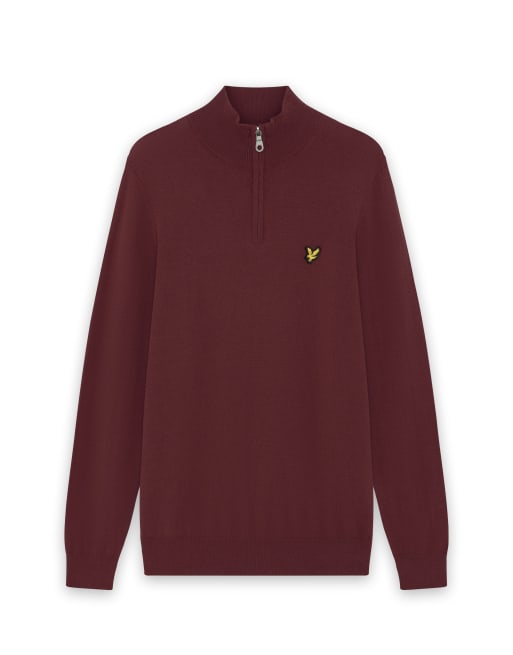 Lyle & Scott Mid knits cotton merino quarter zip jumper in z562 burgundy, 5 of 5