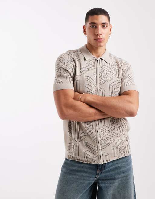 Lyle & Scott Mid knits emblem double knit zip through in x815 oyster/ natural