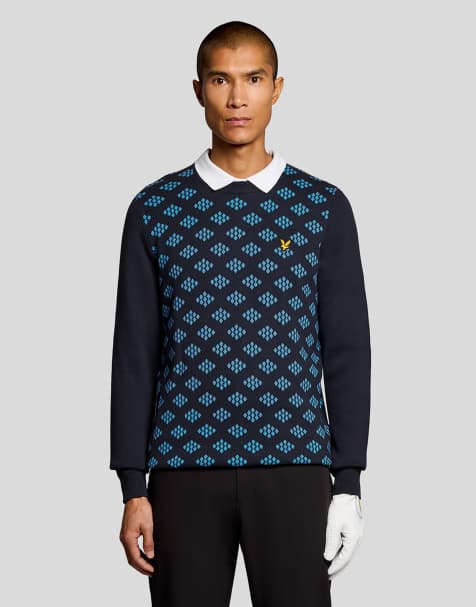 Lyle & Scott Mid knits golf crew neck cotton argyle jumper in z271 dark navy - view 1