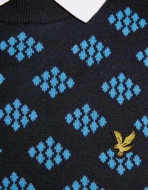 Lyle & Scott Mid knits golf crew neck cotton argyle jumper in z271 dark navy, 6 of 6