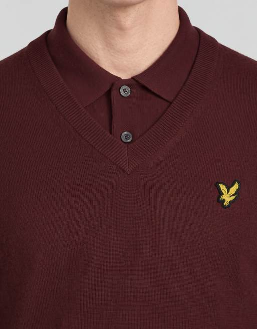 Lyle & Scott Mid knits knitted v-neck jumper in 477 claret jug, 5 of 6