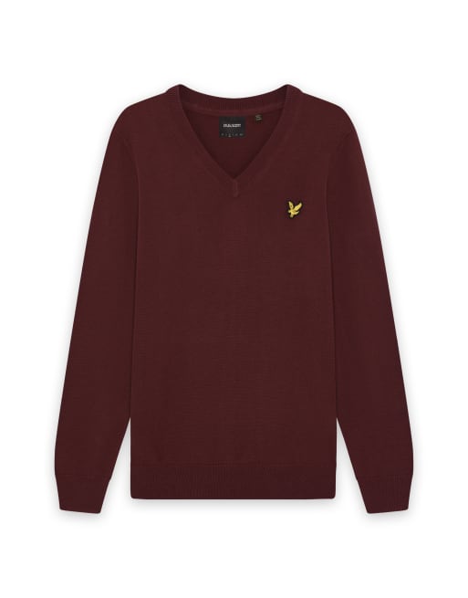 Lyle & Scott Mid knits knitted v-neck jumper in 477 claret jug, 6 of 6