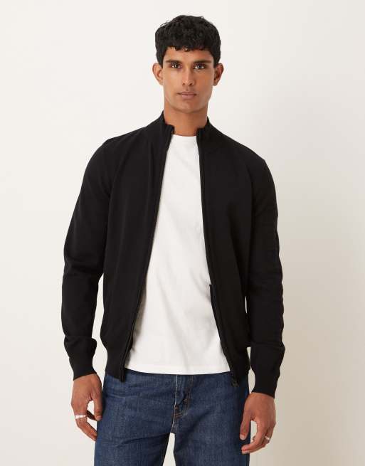 Lyle & Scott Mid knits mesh logo knitted track jacket in z865 jet black